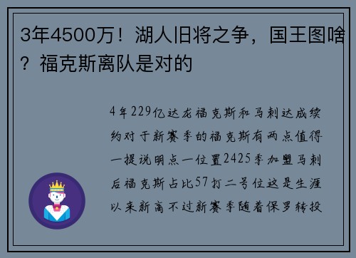 3年4500万！湖人旧将之争，国王图啥？福克斯离队是对的
