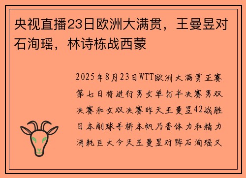 央视直播23日欧洲大满贯，王曼昱对石洵瑶，林诗栋战西蒙